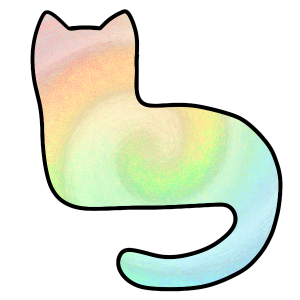 silhouette of a cat lying down with its head up and tail curved below. it's rainbow with a white swirly pattern overlayed